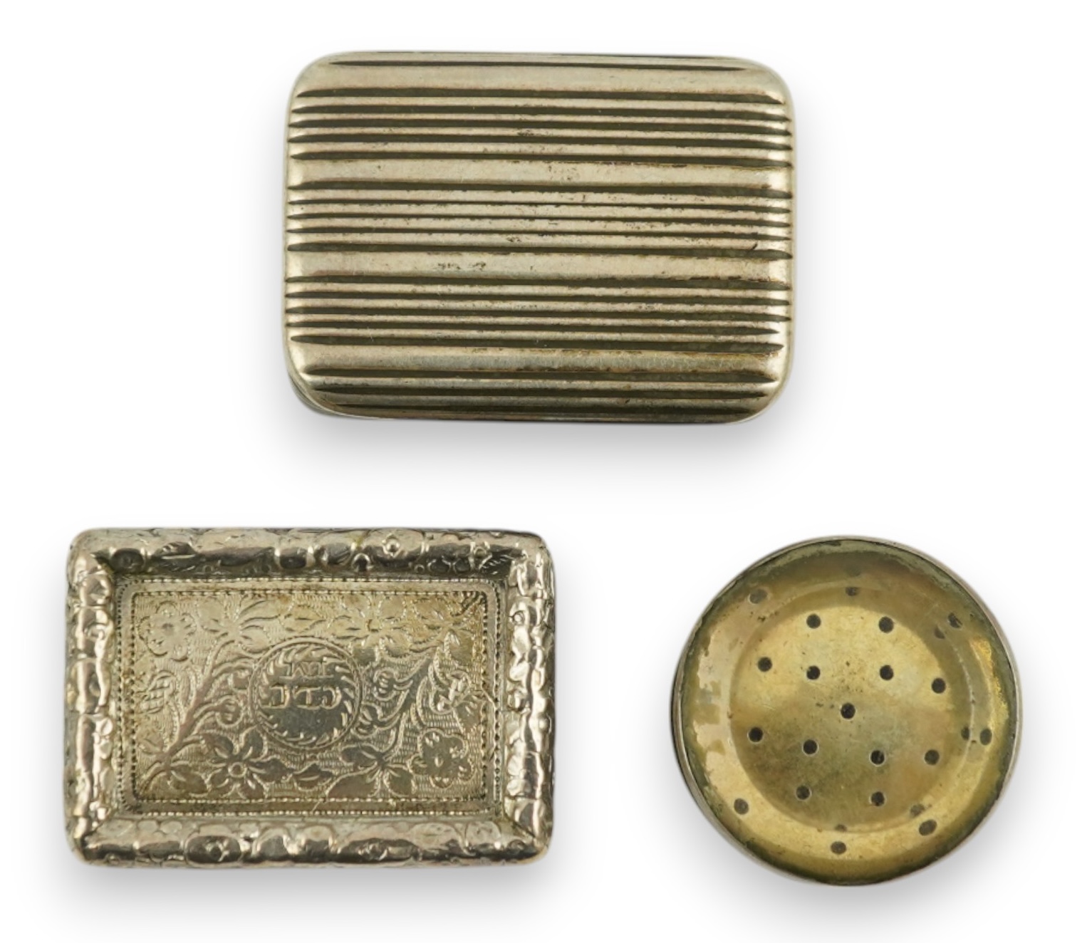 A William IV silver rectangular vinaigrette, William Stroud, Birmingham, 1833, 30mm and two other vinaigrettes. Condition - poor to fair